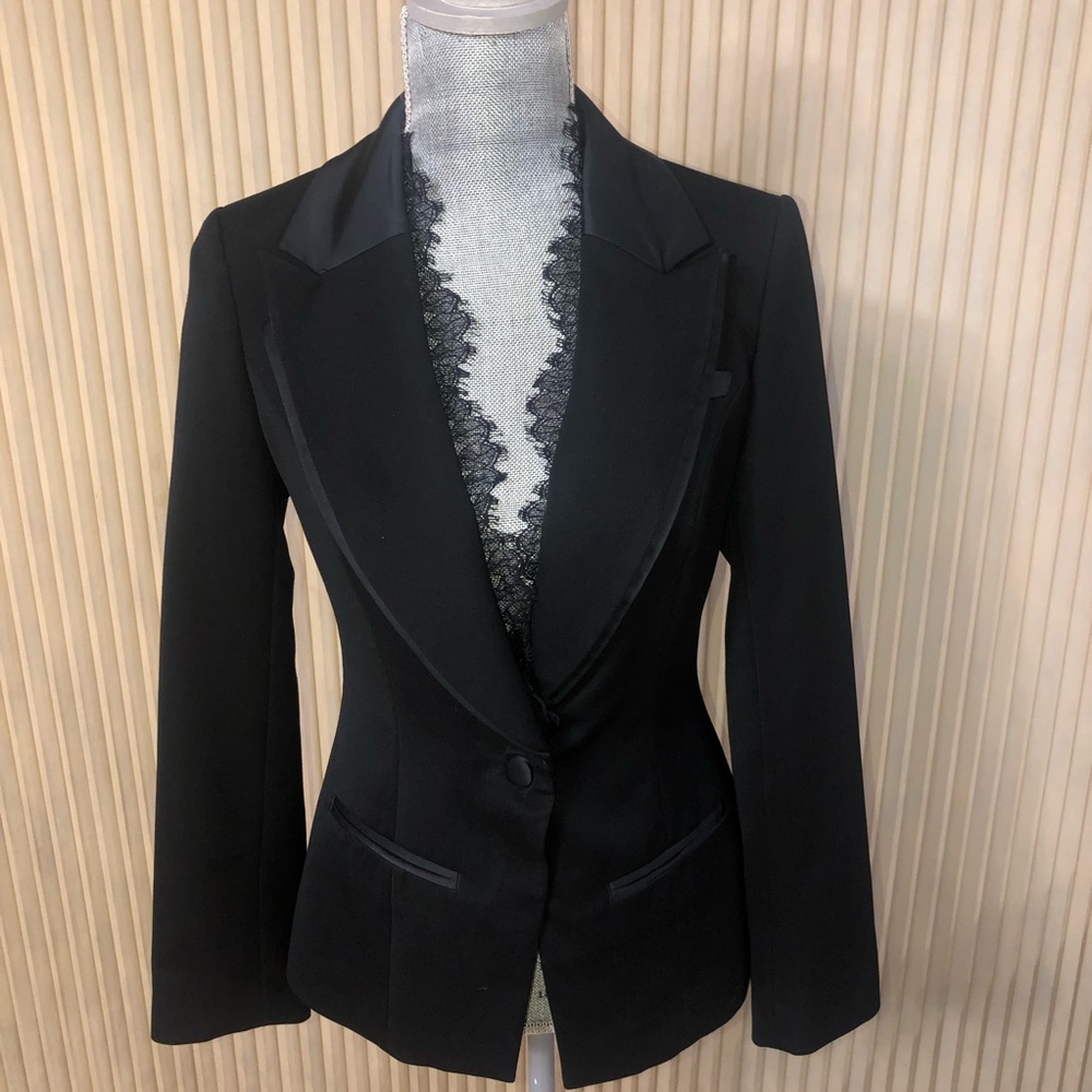 Elegant Black Blazer with Removable Lace Trim